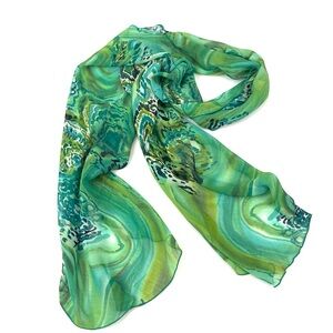 Chico's Abstract Green Print Long Silky Scarf